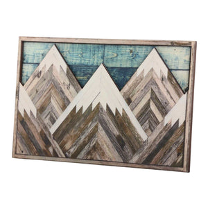 Mountain Wood Wall Art featuring layered geometric peaks in weathered brown and white wood, with a turquoise plank sky and rustic frame