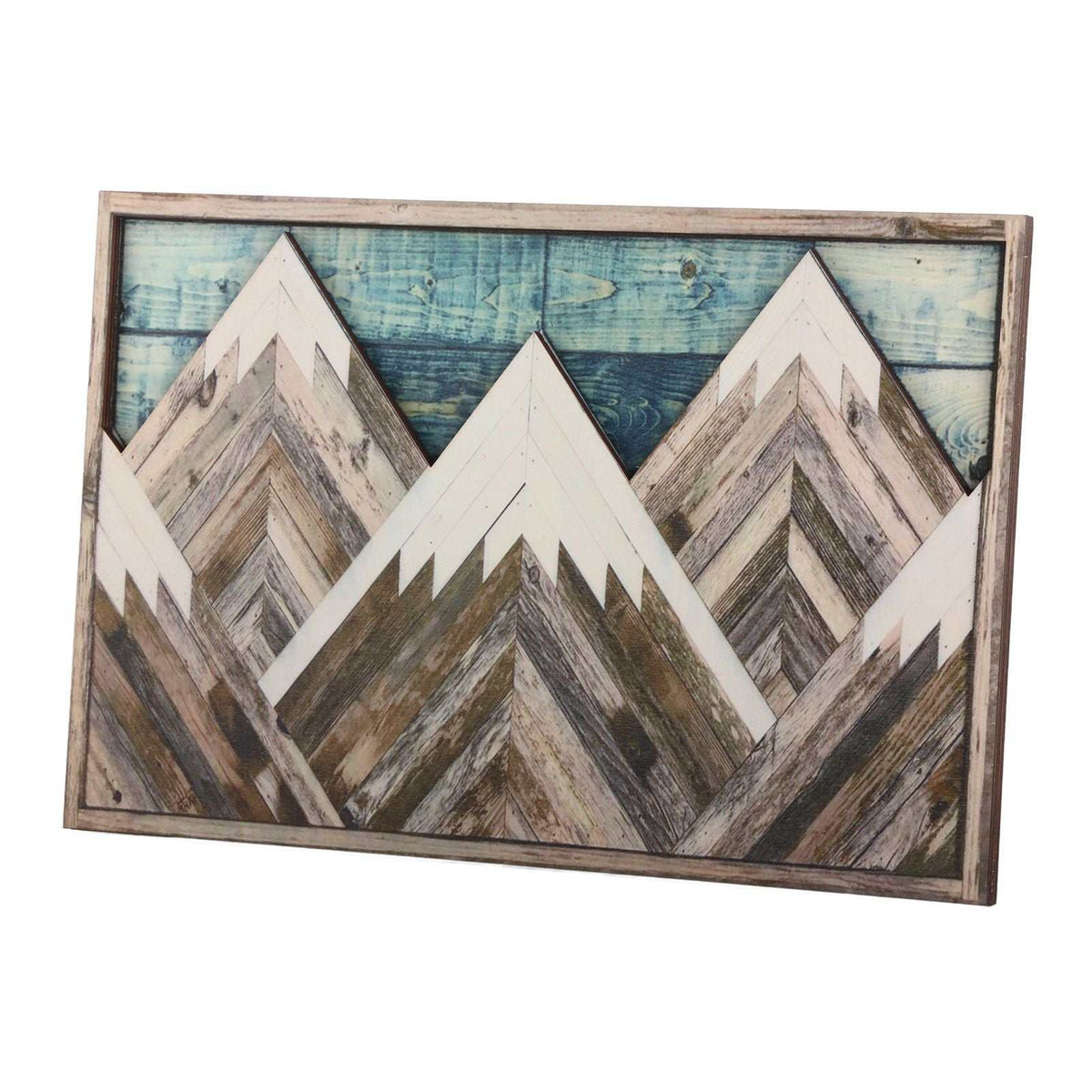 Mountain Wood Wall Art featuring layered geometric peaks in weathered brown and white wood, with a turquoise plank sky and rustic frame