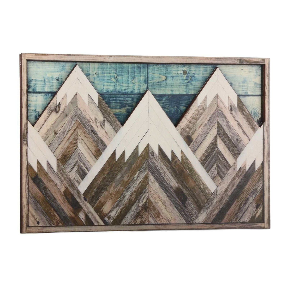 Mountain Wood Wall Art in weathered brown wood, with layered geometric peaks and a distressed blue plank pattern