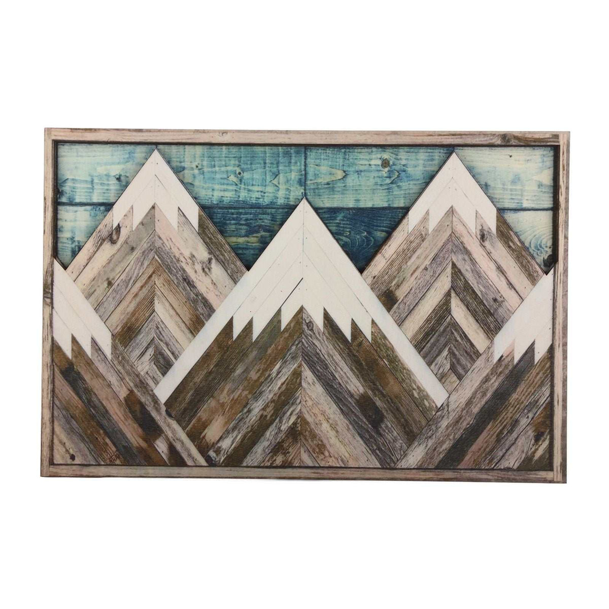 Mountain Wood Wall Art with layered geometric peaks in weathered brown and white wood, framed over teal plank detail
