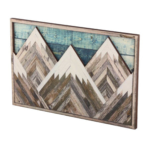 Mountain Wood Wall Art with rustic brown wood frame, distressed blue plank pattern and geometric cream and brown peaks