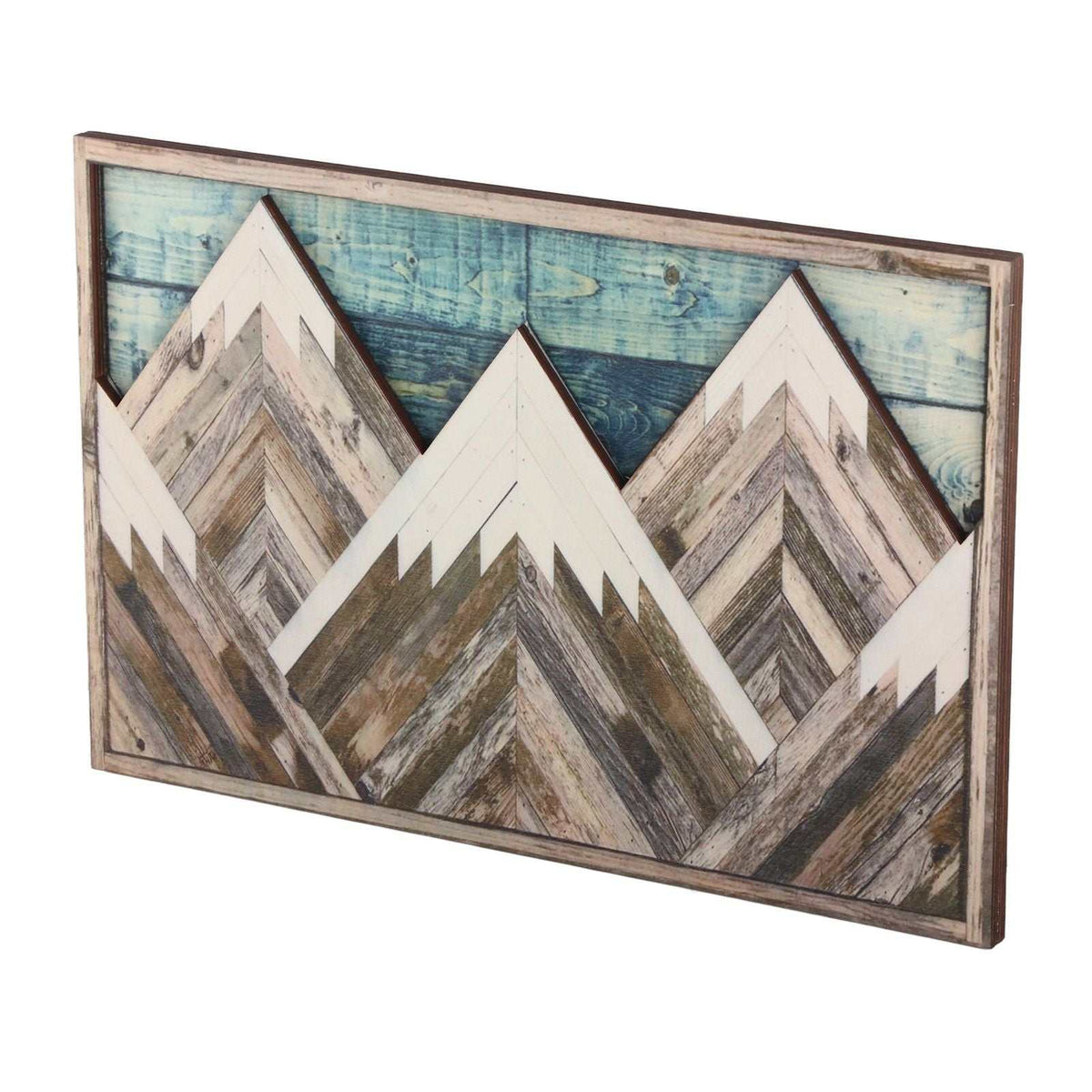 Mountain Wood Wall Art with rustic brown wood frame, distressed blue plank pattern and geometric cream and brown peaks
