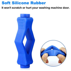 Front Load Washer Door Prop in blue silicone, with a flexible, open diamond-shaped frame and rounded magnetic ends.