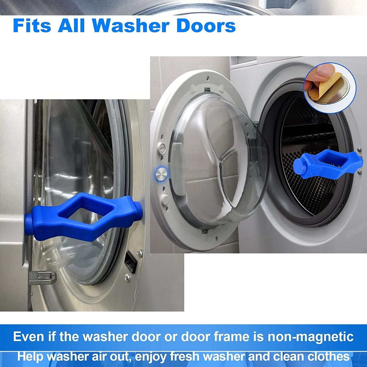 Front Load Washer Door Prop in blue plastic, shown holding open front-loading washer doors, with magnetic stickers