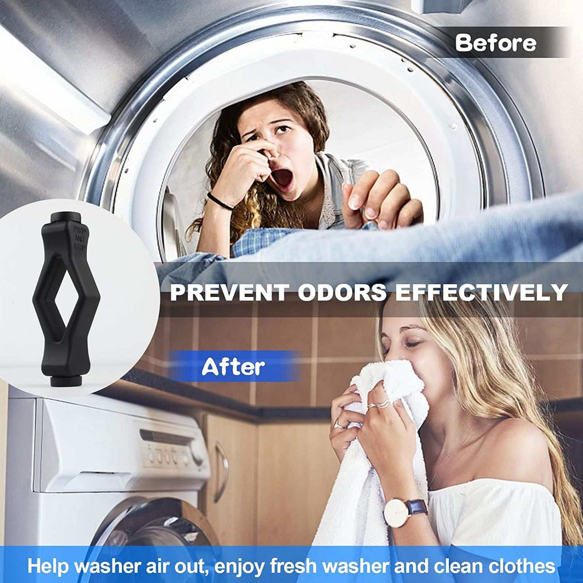 Front Load Washer Door Prop in black plastic with a diamond-shaped cutout, shown beside before-and-after washer odor imagery