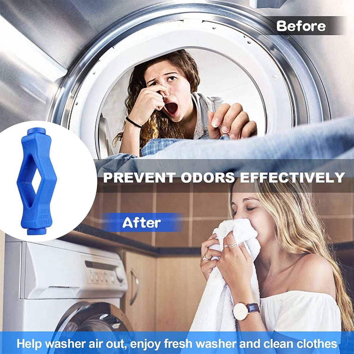 Front Load Washer Door Prop shown in blue plastic with a narrow diamond-shaped opening and rounded top and base