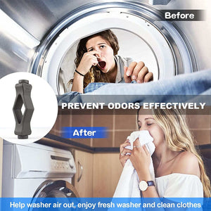 Front Load Washer Door Prop in grey plastic with a flexible mouth-shaped design, shown beside a washer and fresh clothes