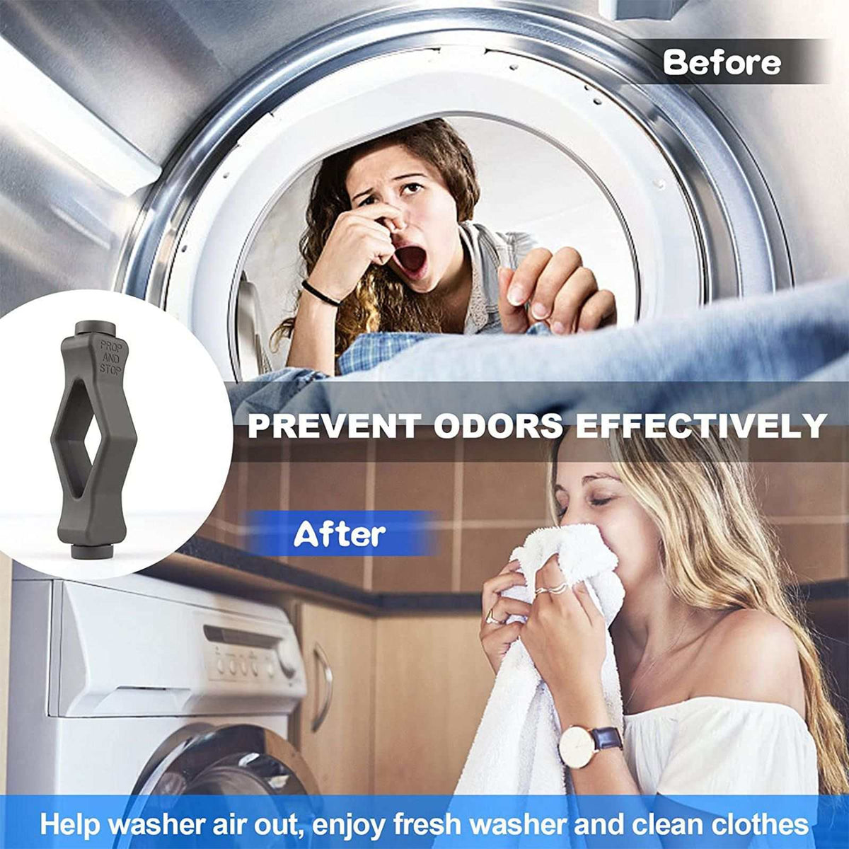 Front Load Washer Door Prop in grey plastic with a flexible mouth-shaped design, shown beside a washer and fresh clothes