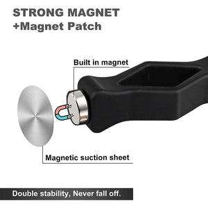 Front Load Washer Door Prop shown in black silicone with a built-in silver magnet and separate magnetic suction sheet