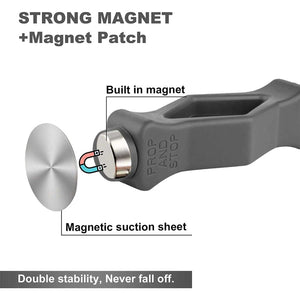 Front Load Washer Door Prop in grey plastic and silicone with an exposed built-in magnet and a separate magnetic suction sheet.