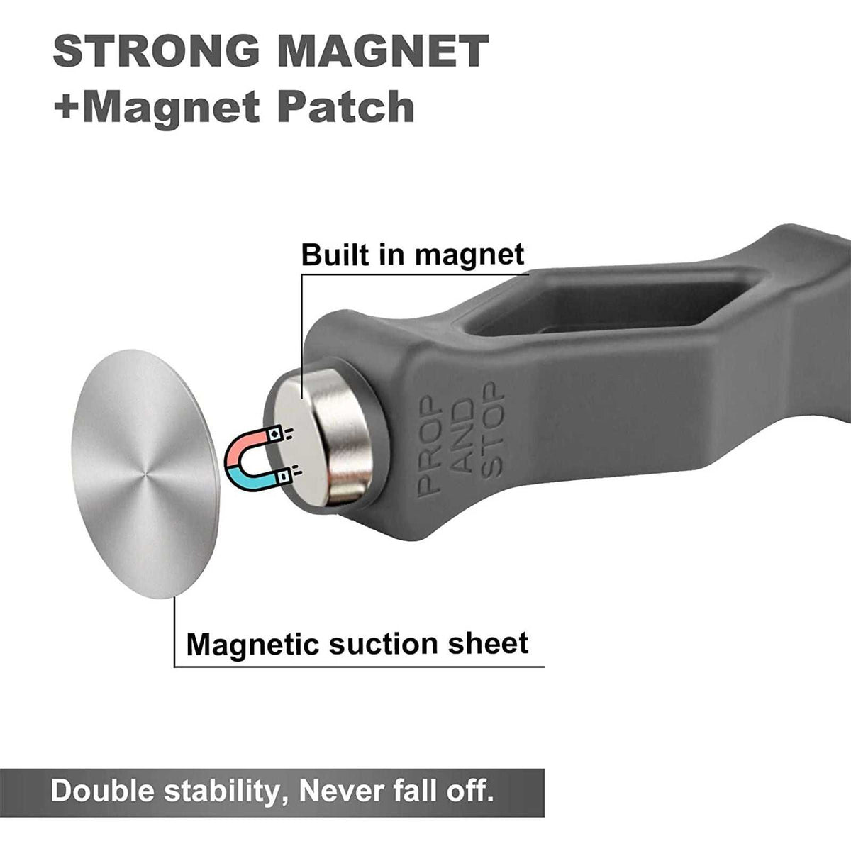 Front Load Washer Door Prop in grey plastic and silicone with an exposed built-in magnet and a separate magnetic suction sheet.