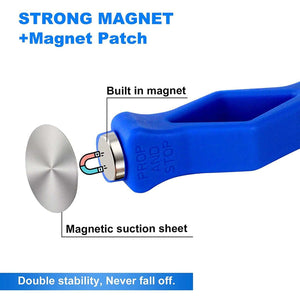 Front Load Washer Door Prop, blue mouth-shaped silicone and plastic holder with built-in magnet and silver magnetic patch