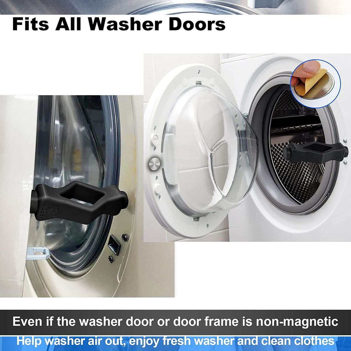 Front Load Washer Door Prop is a black, mouth-shaped magnetic holder fitted between open front-load washer doors