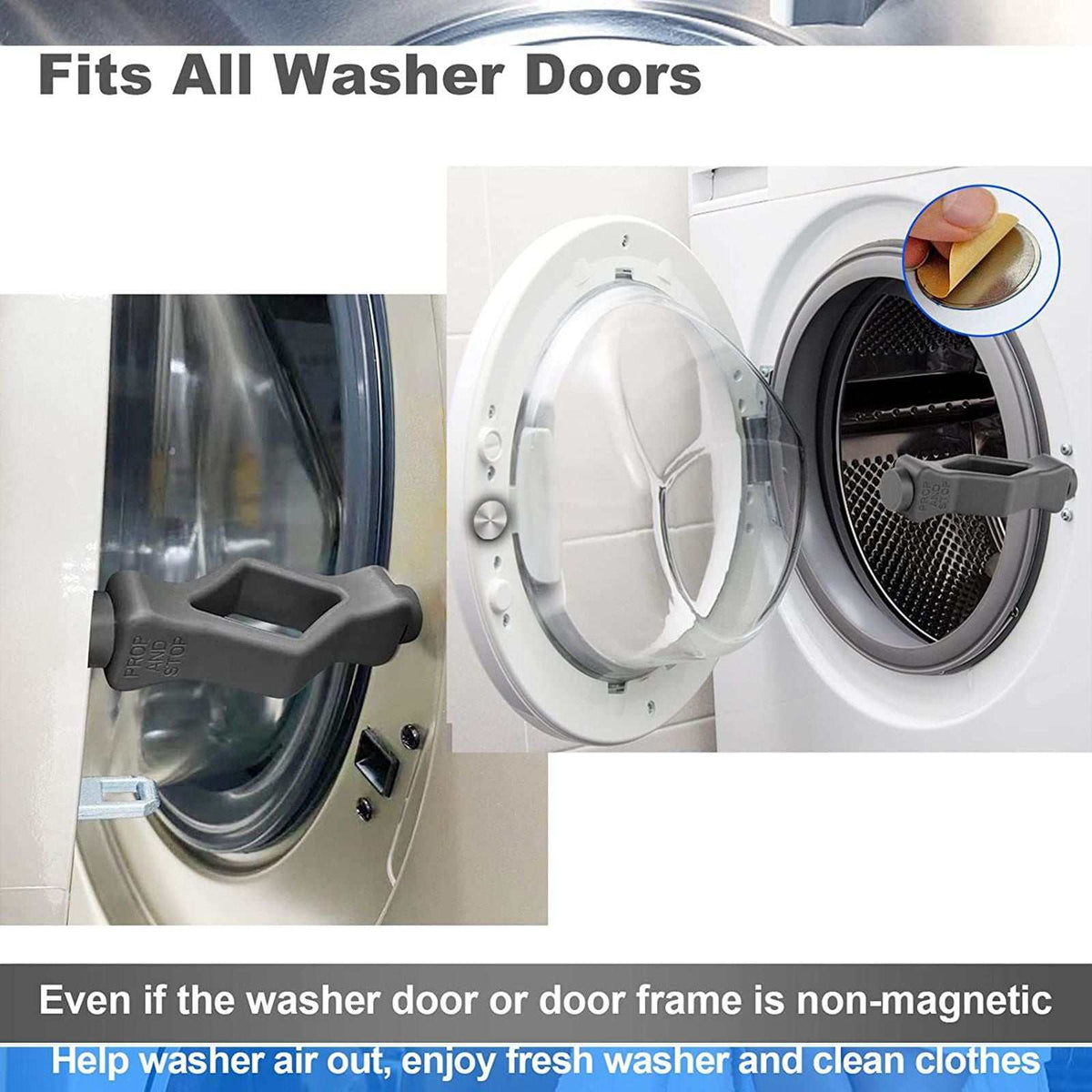 Front Load Washer Door Prop in grey plastic and silicone, mouth-shaped design holding an open washer door ajar