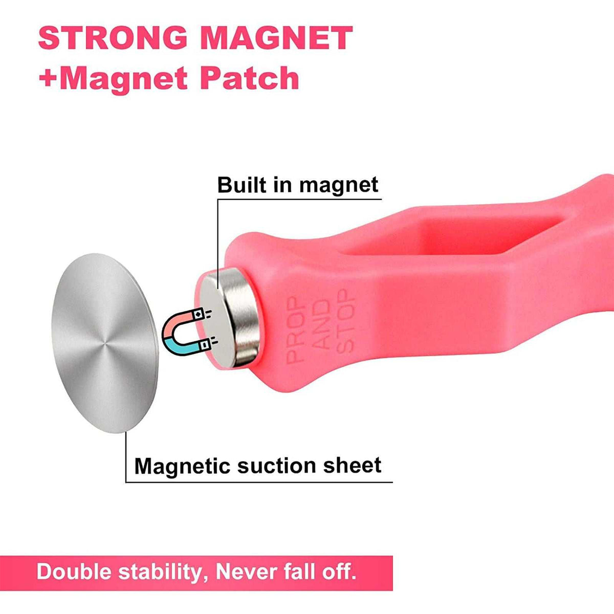 Front Load Washer Door Prop in bright pink silicone and plastic, with a built-in magnet and separate metal magnetic sheet