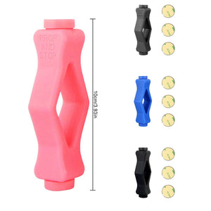 Front Load Washer Door Prop in pink silicone with an angular hollow shape; grey, blue and black variants shown
