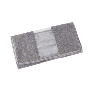 Washable Cotton Linen shoe organiser in grey woven fabric, with a clear window and zip closure