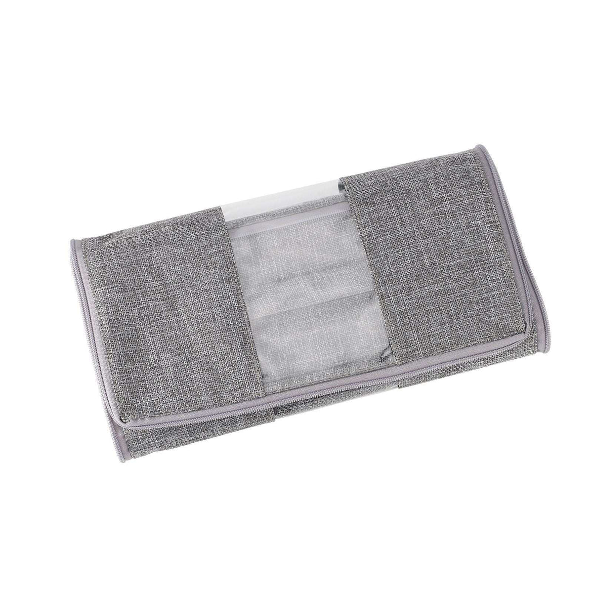 Washable Cotton Linen shoe organiser in grey woven fabric, with a clear window and zip closure