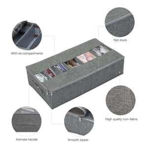 Under-bed shoe organiser in grey Washable Cotton Linen with six compartments, a clear window, smooth zipper and side handle