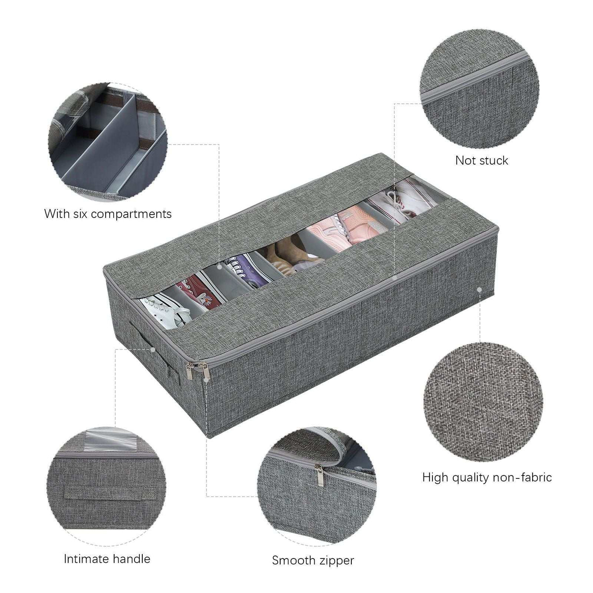 Under-bed shoe organiser in grey Washable Cotton Linen with six compartments, a clear window, smooth zipper and side handle