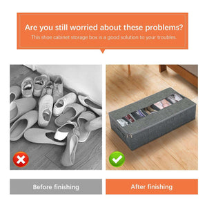 Washable Cotton Linen shoe organiser in grey fabric with a clear zippered lid showing six separated shoe compartments