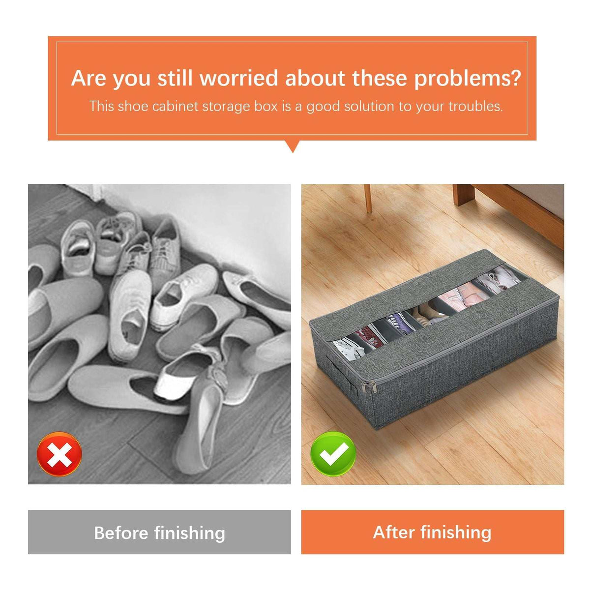 Washable Cotton Linen shoe organiser in grey fabric with a clear zippered lid showing six separated shoe compartments