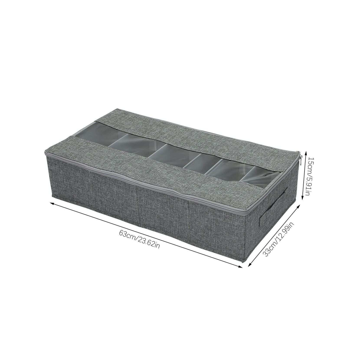 Under-bed shoe organiser in grey woven Washable Cotton Linen with a zipped clear window and six divided compartments