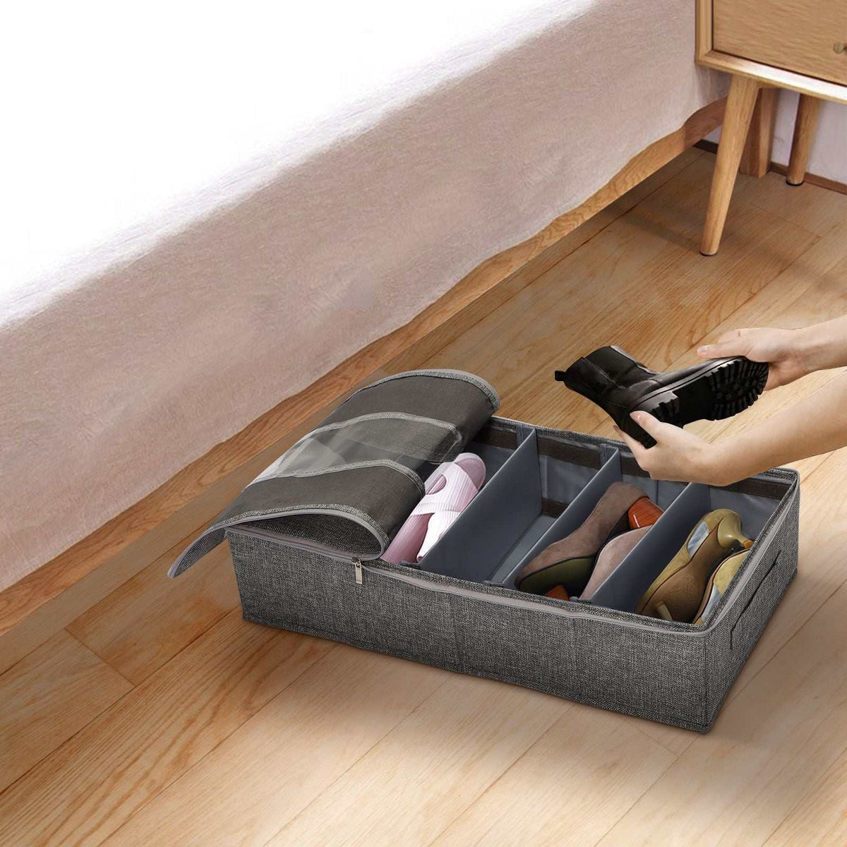 Grey Washable Cotton Linen shoe organiser with six divided compartments, zippered lid and clear window storing shoes.