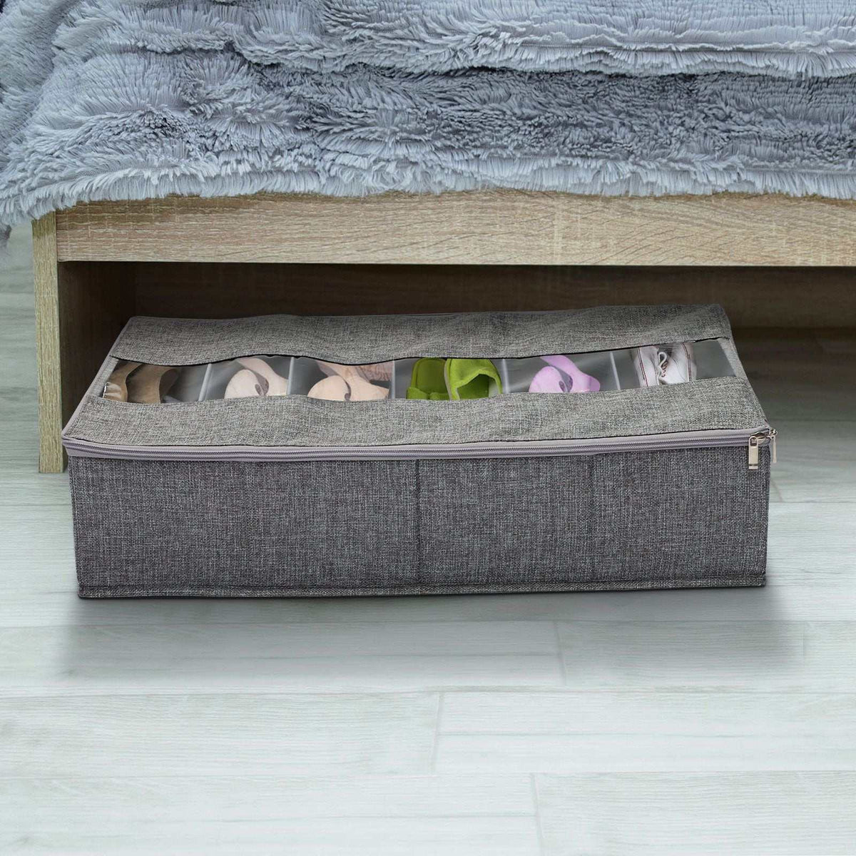 Under-bed shoe organiser in grey textured Washable Cotton Linen with zip closure and clear window showing stored shoes