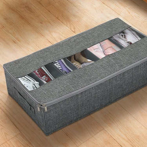 Washable Cotton Linen shoe organiser in grey woven fabric, with a clear window, zip closure and six shoe compartments