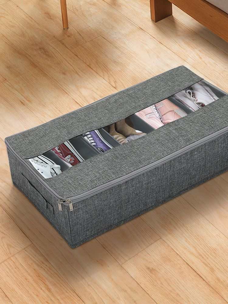Washable Cotton Linen shoe organiser in grey woven fabric, with a clear window, zip closure and six shoe compartments