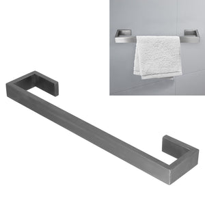 40cm Bath Towel Holder, brushed silver metal wall-mounted bar with squared ends and a white towel draped over it