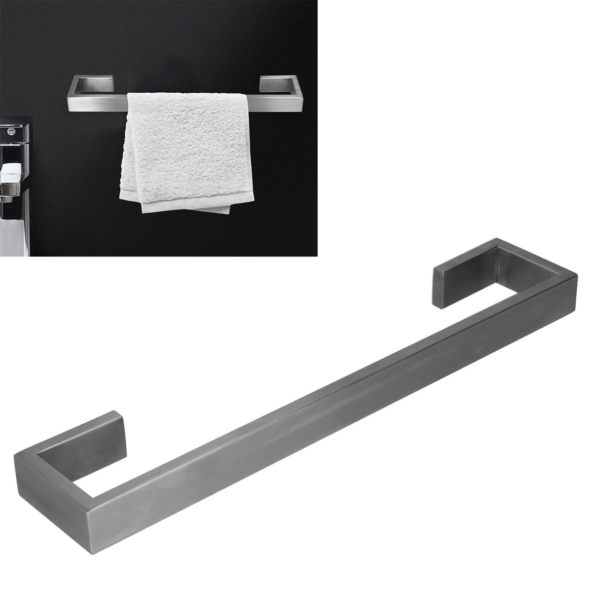 40cm Bath Towel Holder, brushed silver stainless steel wall-mounted bar with squared open ends and a clean, modern design