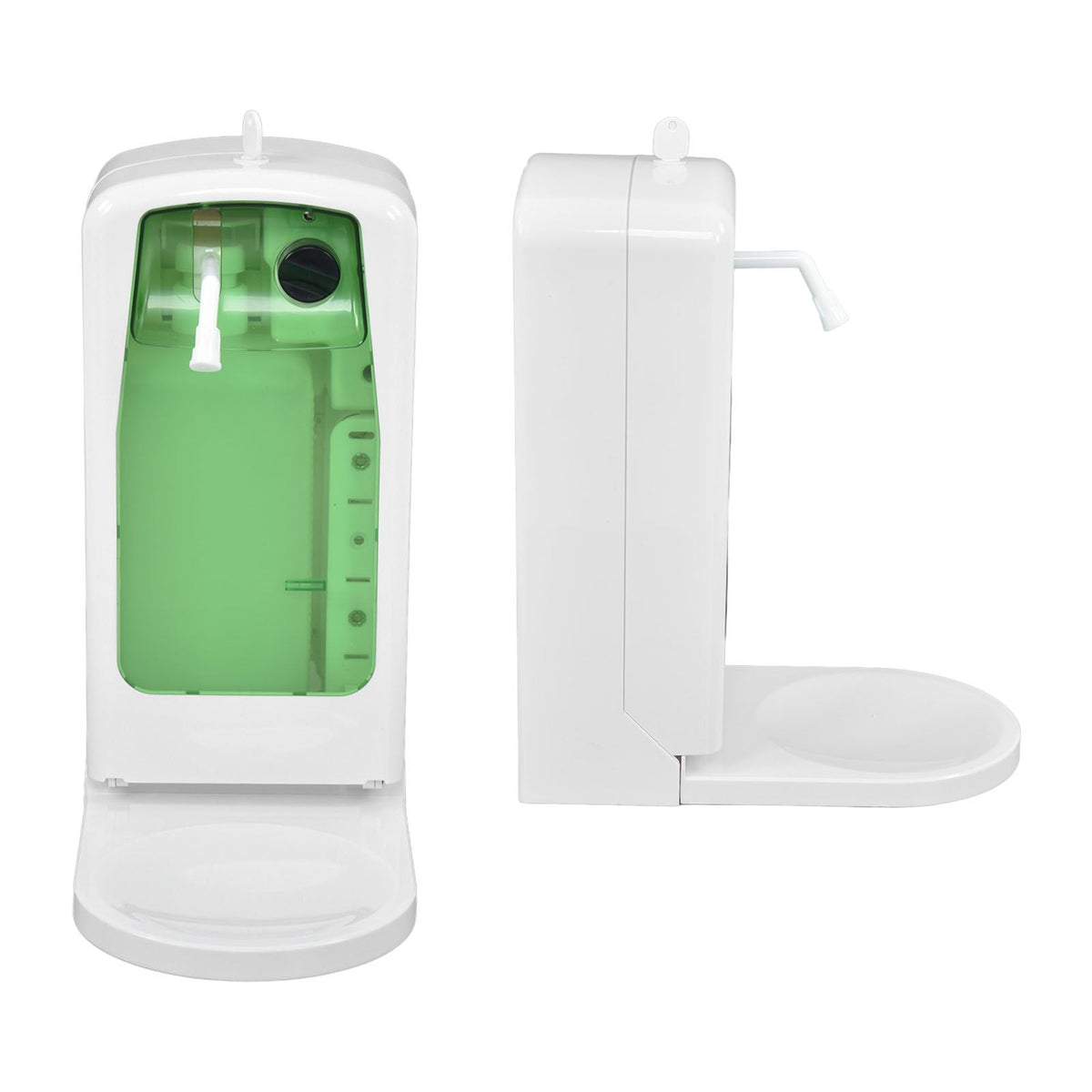 1000mL Automatic Soap Dispenser in white ABS plastic with a translucent green tank, side nozzle and broad base