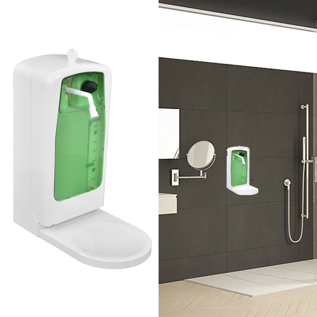 1000mL Automatic Soap Dispenser with a white ABS wall-mounted housing, green reservoir and projecting pump nozzle