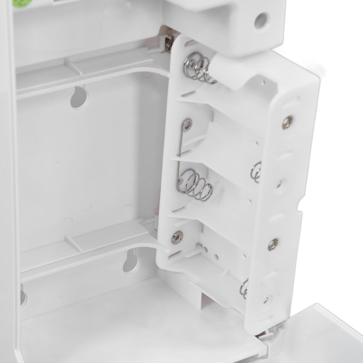 1000mL Automatic Soap Dispenser with a white ABS plastic housing and an open battery compartment showing metal springs