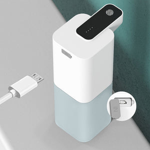 Infrared Automatic Sensor soap dispenser in white and pale blue ABS plastic, with black touch panel and USB charging