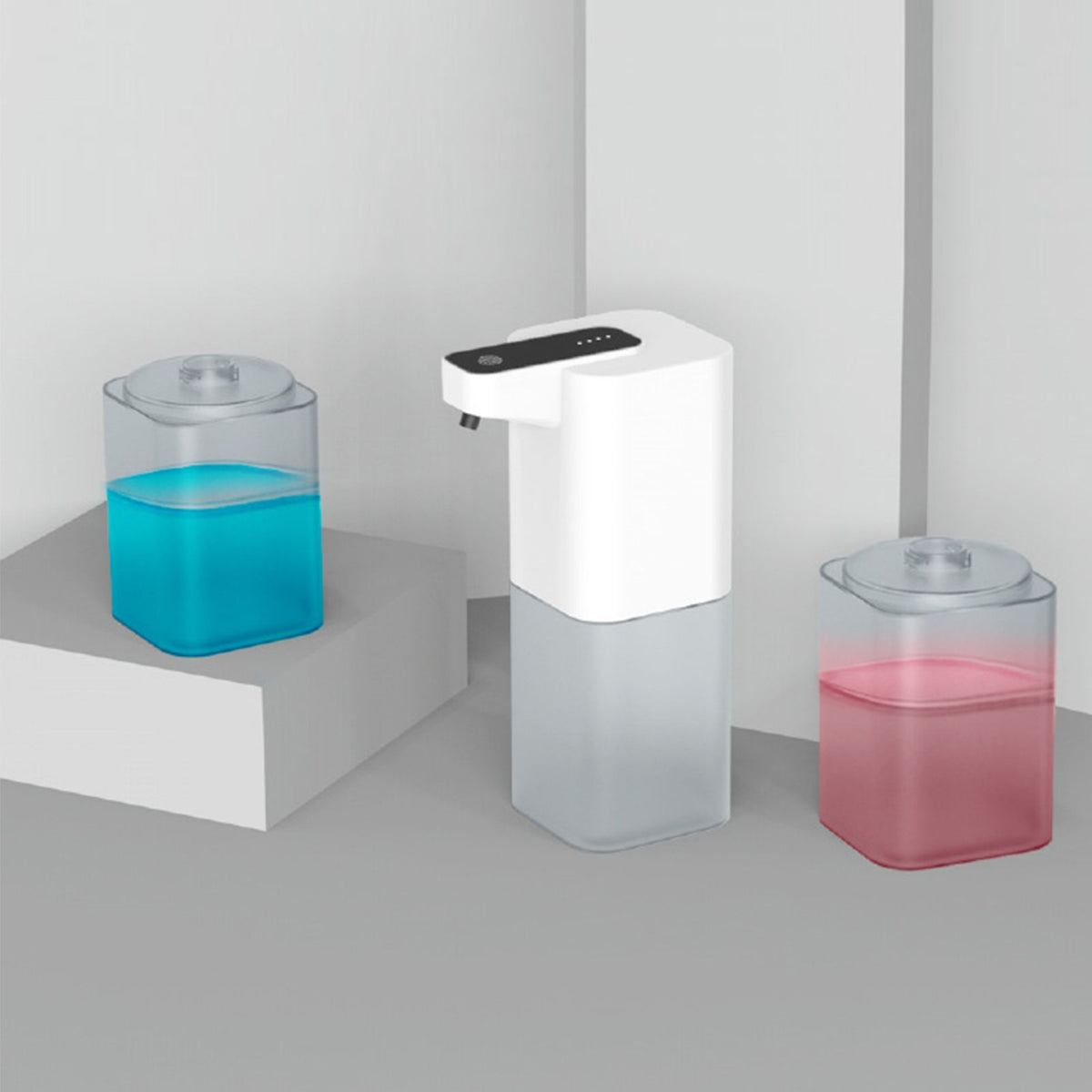 Infrared Automatic Sensor soap dispenser with a white plastic body, black control panel and clear refill bottles in blue and pink