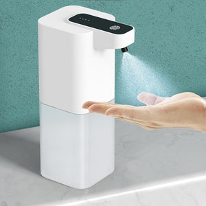 Automatic soap dispenser in white ABS plastic with a black top panel and touchless Infrared Automatic Sensor.