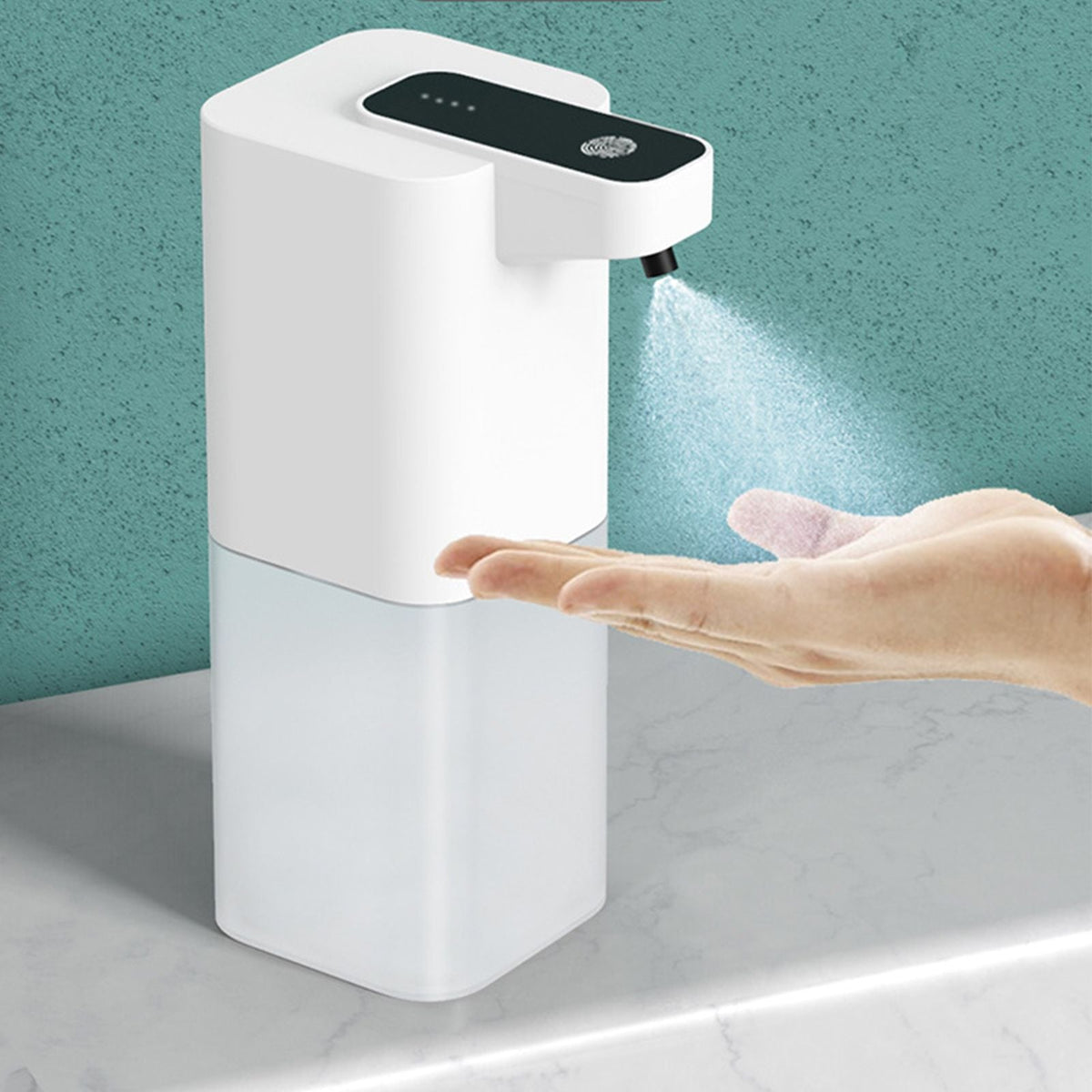 Automatic soap dispenser in white ABS plastic with a black top panel and touchless Infrared Automatic Sensor.