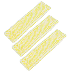 Microfiber Window Cleaner Pad three-pack with white microfiber fabric and yellow stripe pattern, elongated reusable design