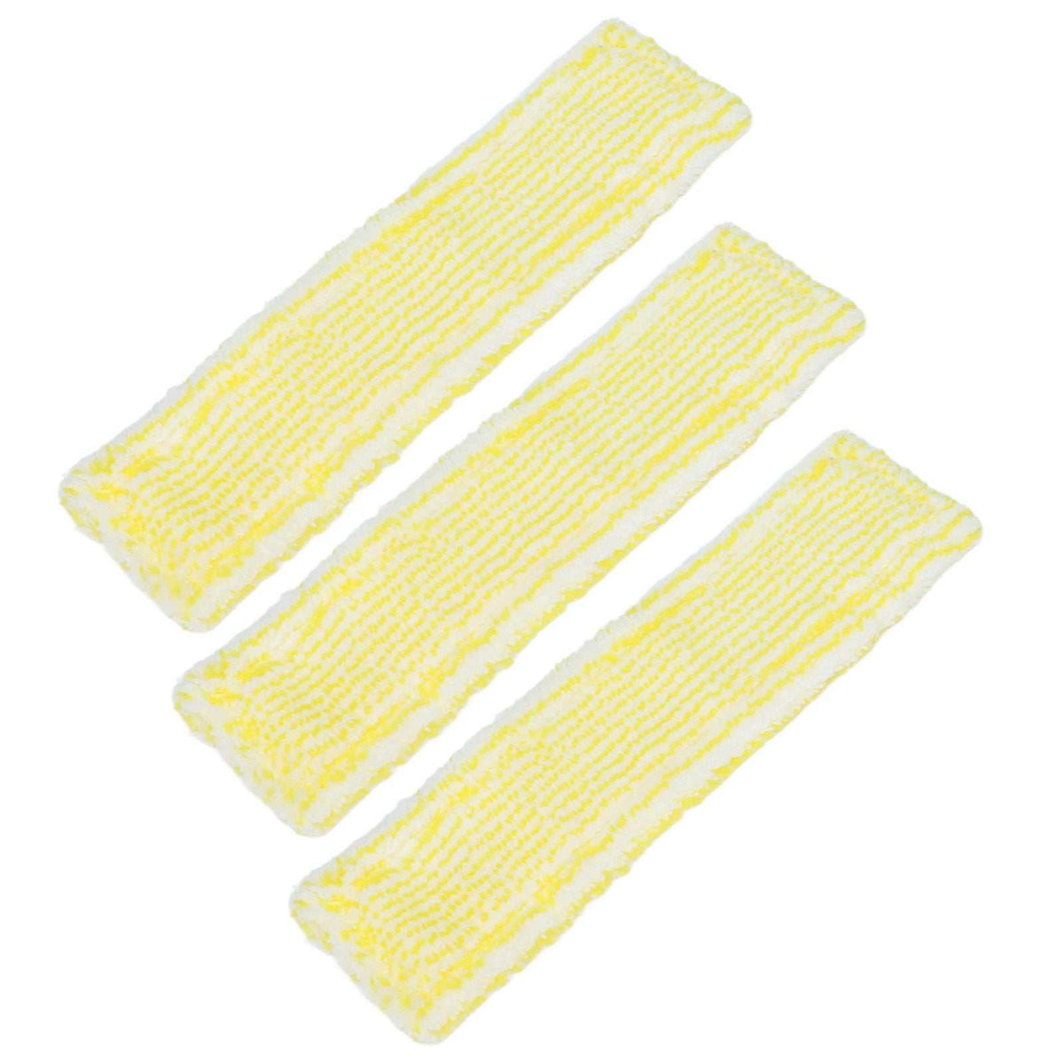 Microfiber Window Cleaner Pad three-pack with white microfiber fabric and yellow stripe pattern, elongated reusable design