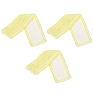 Microfiber Window Cleaner Pad, three white and yellow textured microfiber replacement sleeves with stitched edges