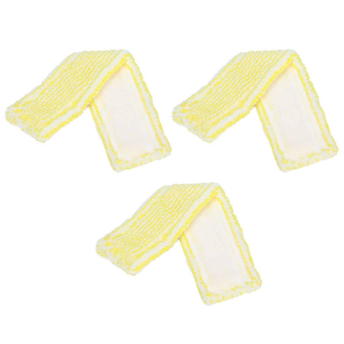 Microfiber Window Cleaner Pad, three white and yellow textured microfiber replacement sleeves with stitched edges