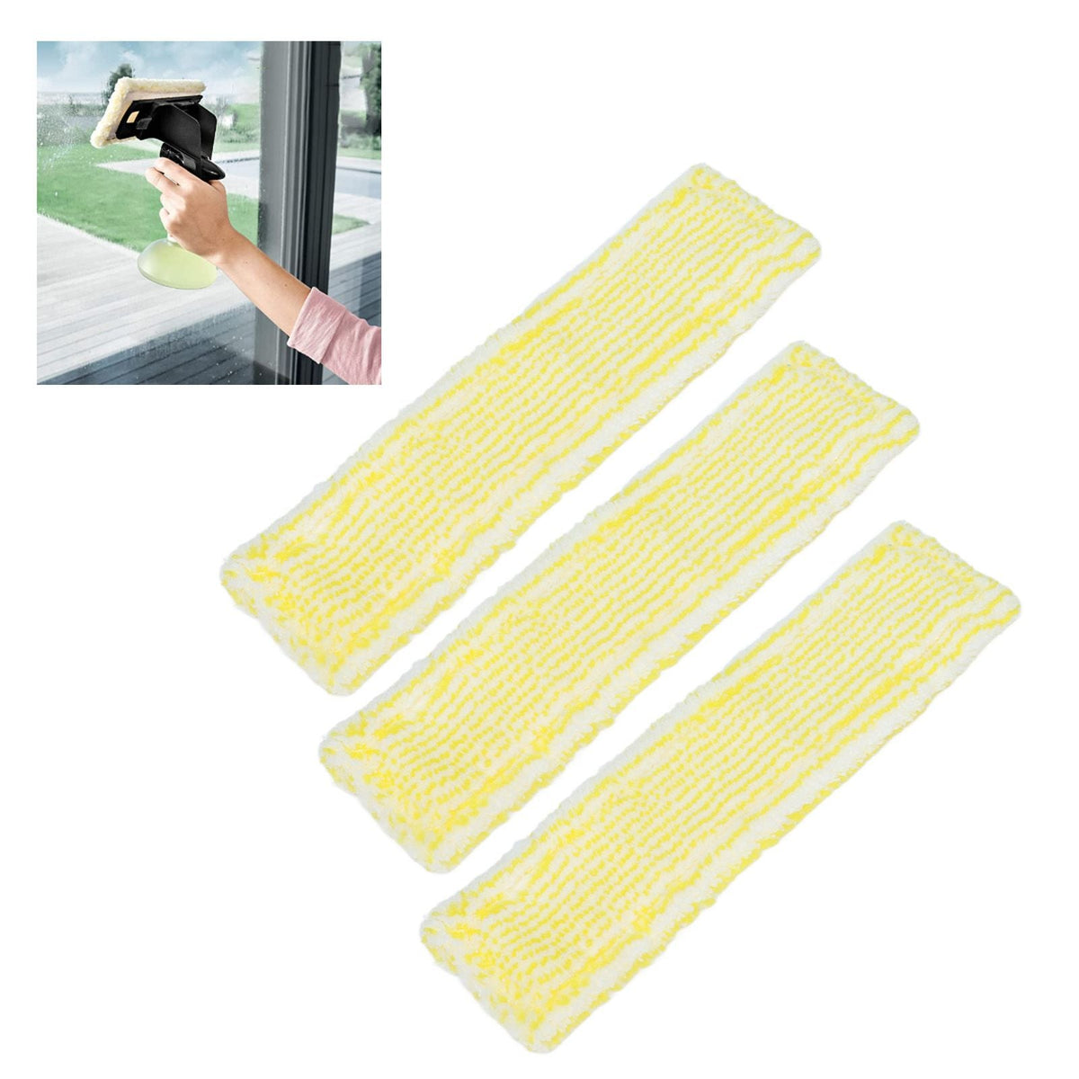 Microfiber Window Cleaner Pad set of three white microfiber strips with yellow patterned fibers and rounded ends