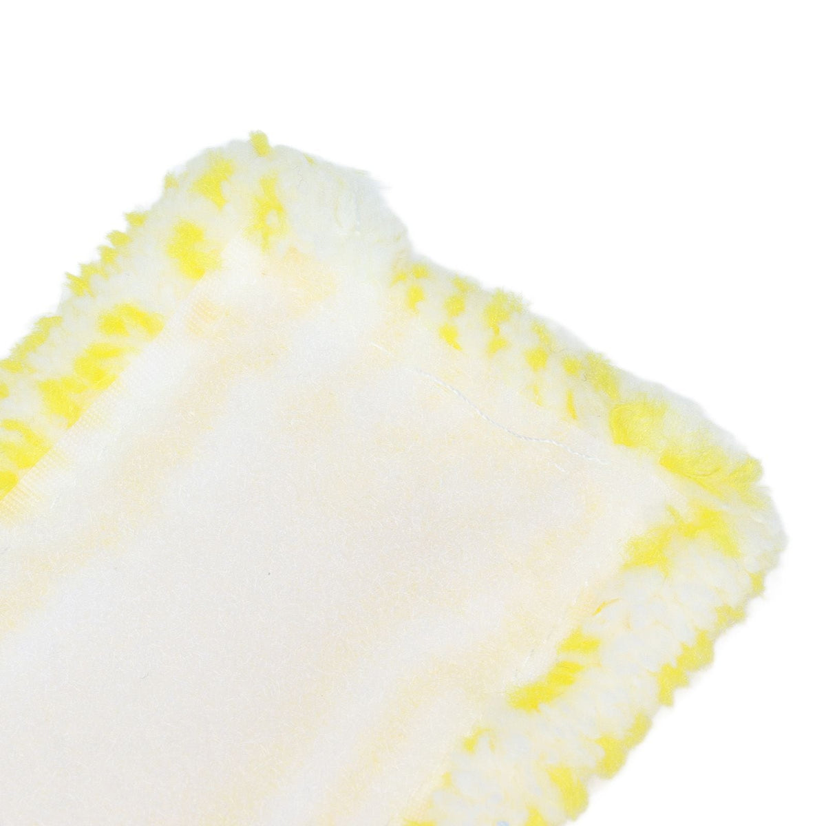 Microfiber Window Cleaner Pad in white microfibre with bright yellow trim and a soft, fluffy cleaning surface