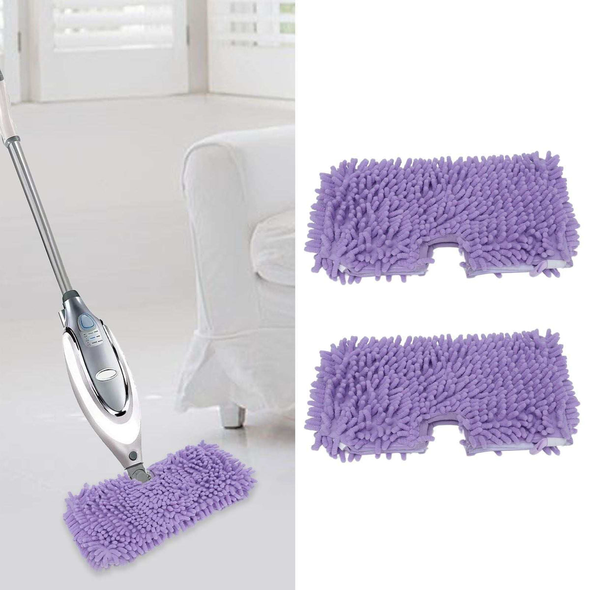 Mop Replacement Pads in purple microfibre, with two thick chenille-textured pads and central notches for steam mop attachment