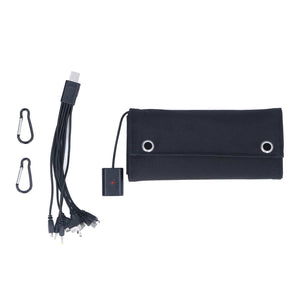 9W Solar Panel folding charger in a black fabric case with USB cable, output connector and two metal clips