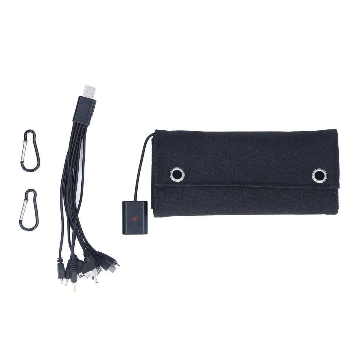 9W Solar Panel folding charger in a black fabric case with USB cable, output connector and two metal clips