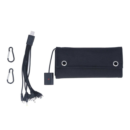 9W Solar Panel folding charger in a black fabric case with USB cable, output connector and two metal clips